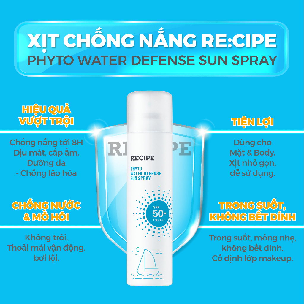 Xịt Chống Nắng Chống Nước RECIPE Phyto Water Defense Sun Spray SPF50+ PA+++ 180ml - Mới