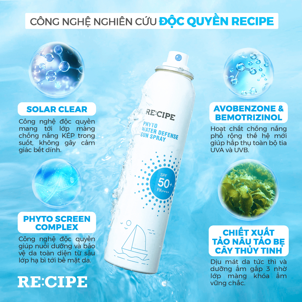 Xịt Chống Nắng Chống Nước RECIPE Phyto Water Defense Sun Spray SPF50+ PA+++ 180ml - Mới