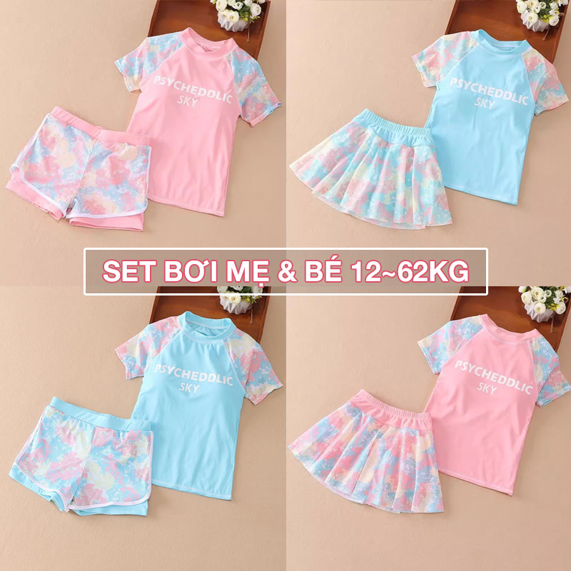 Bộ bơi cho bé gái & mẹ 12-62kg set đồ bơi trẻ em người lớn bikini đi biển quần váy BƠI SKY