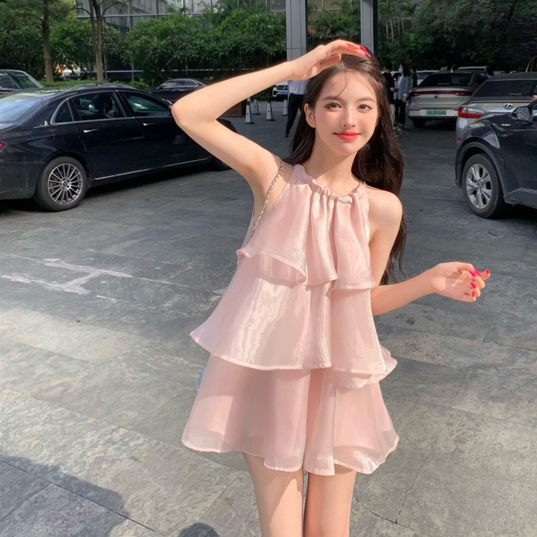 Váy Tơ Ánh Hai Dây Cổ Yếm 3 Tầng Tiểu Thư Mặc Đi Biển, Đi Chơi Phong Cách Trẻ Trung 2 Lớp Chouchou Deliz