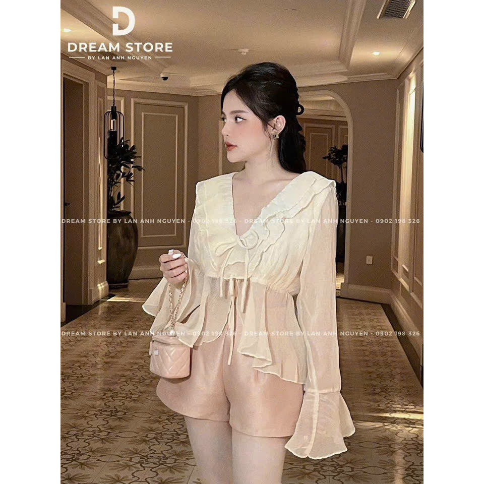 [5.5 Sales Freeship] Set bộ đùi tiểu thư nữ, set áo bèo cổ v cột dây tay loe mix quần short đùi siêu sang chảnh th