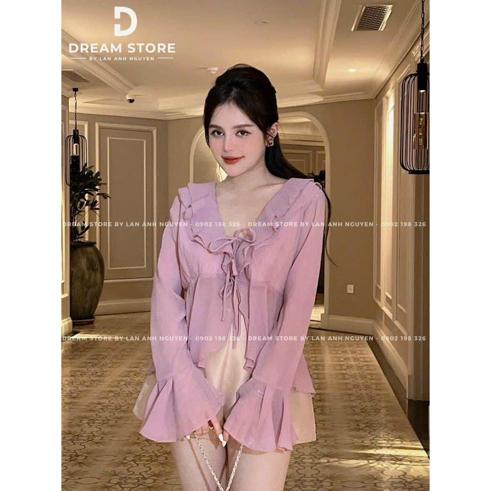 [5.5 Sales Freeship] Set bộ đùi tiểu thư nữ, set áo bèo cổ v cột dây tay loe mix quần short đùi siêu sang chảnh th