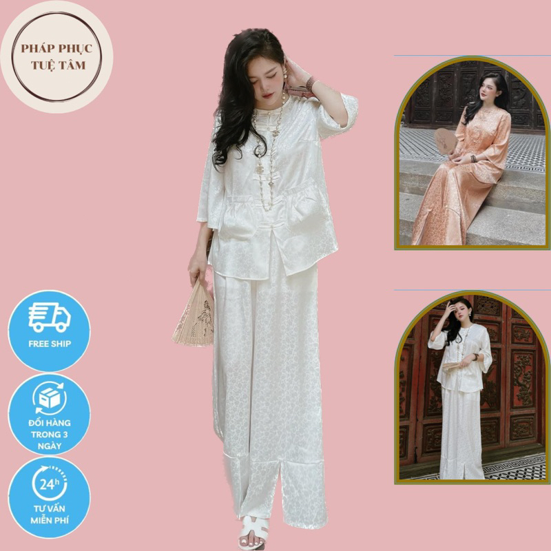 Đồ Lam Đi Chùa Ống Rộng Dịu Dàng Thanh Khiết , Bộ Đi Lễ Chùa Nữ Ống Xẻ Tiểu Thư - Quần Áo Đi Chùa Bộ Lụa Đi Chùa Nữ