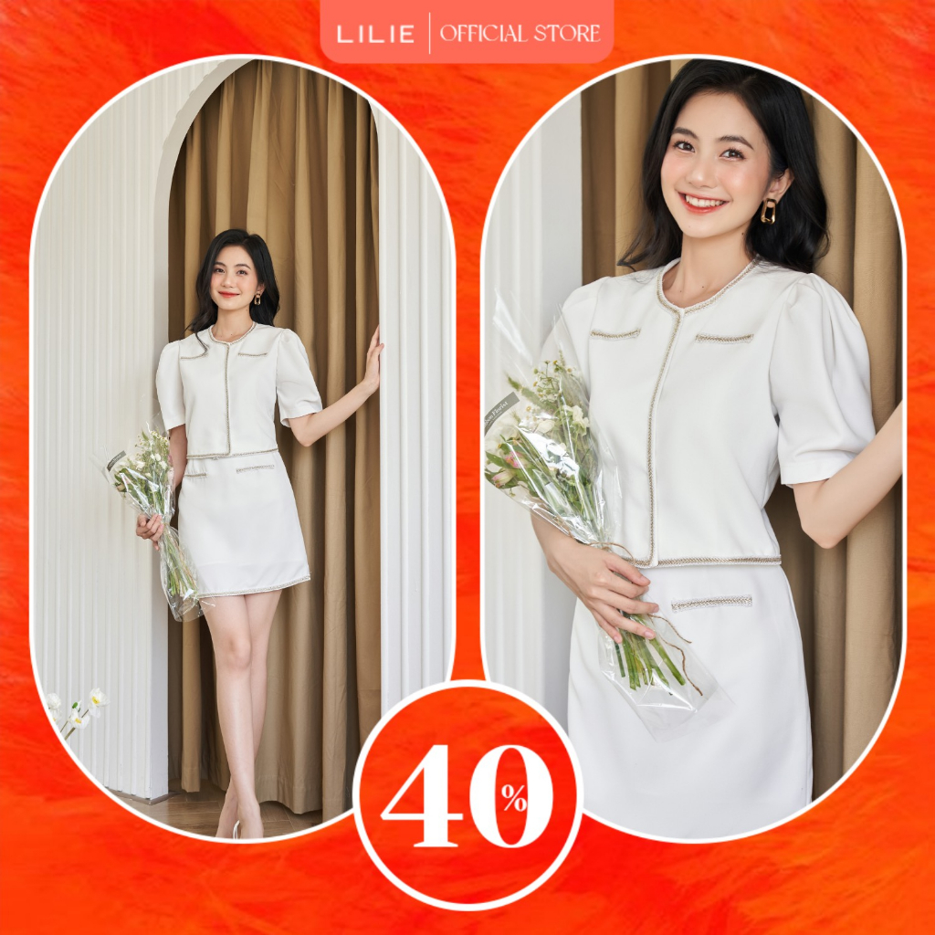 Áo Blazer cộc tay viền kim tuyến trắng và chân váy viền kim tuyến trắng