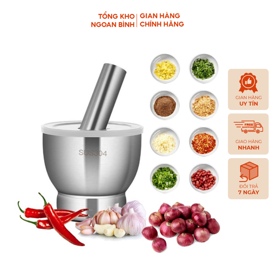Bộ Chày Cối INox 304 Có Nắp Đậy Chày Cối Giã Cua, Ớt Cho Gia Đình Tiện Lợi Giã Nhuyễn Mọi Thực Phẩm - NB09