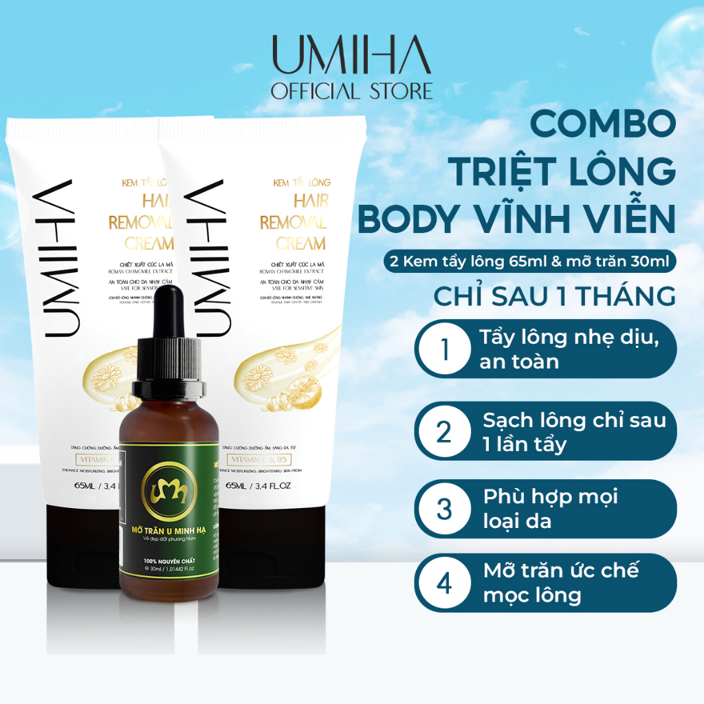 Triệt lông vĩnh viễn Toàn thân Body UMIHA ORGANIC tại nhà với Mỡ trăn U Minh Hạ (30ml) và Kem tẩy lông Umiha (65mlx2)