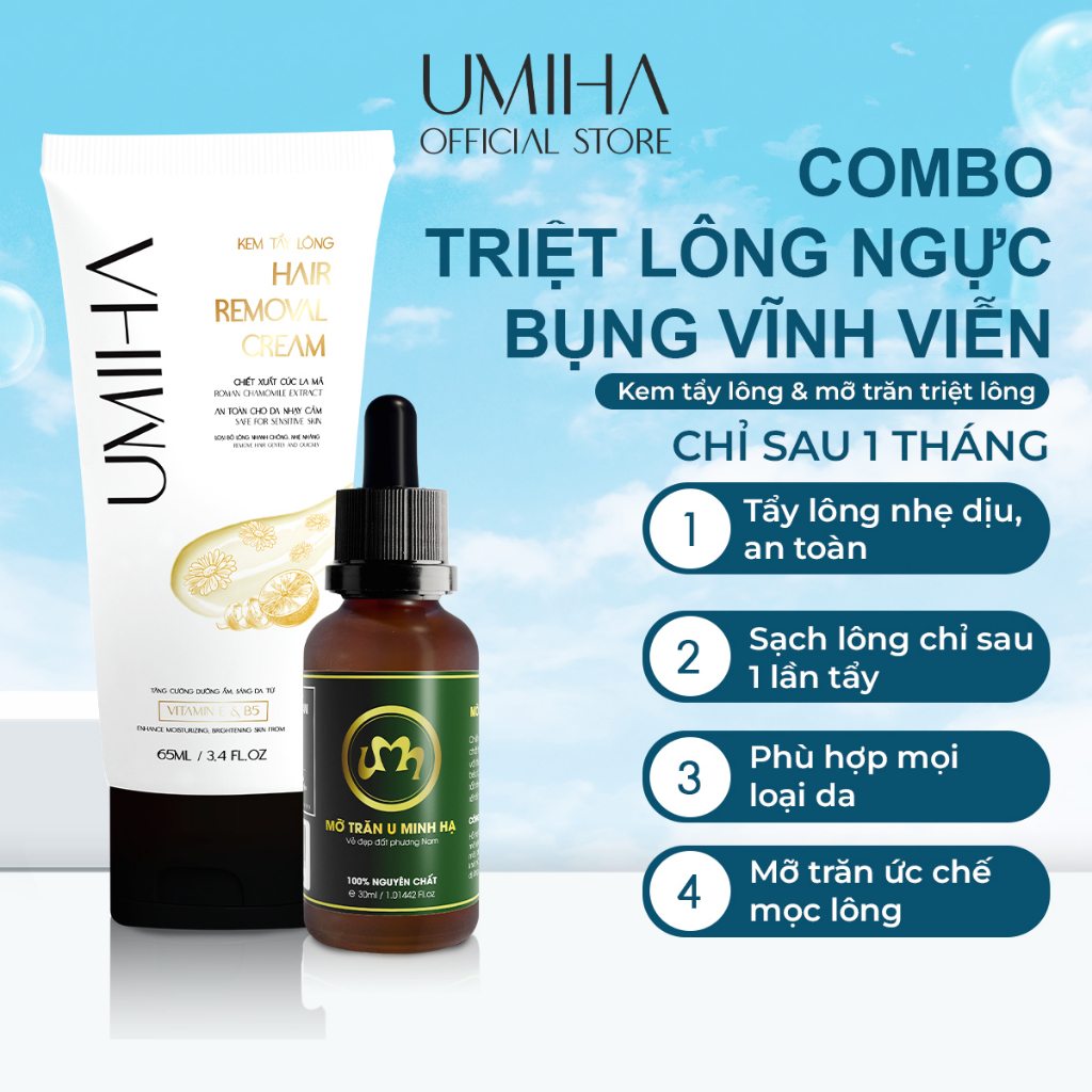 Triệt lông Ngực Bụng vĩnh viễn UMIHA ORGANIC với Mỡ trăn nguyên chất 30ml U Minh Hạ và Kem tẩy lông Umiha 65ml