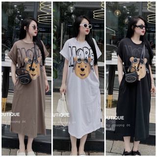 Đầm Dáng Suông Váy xuông cotton in hình Gấu MORE tay hến fom rộng màu đen nâu trắng