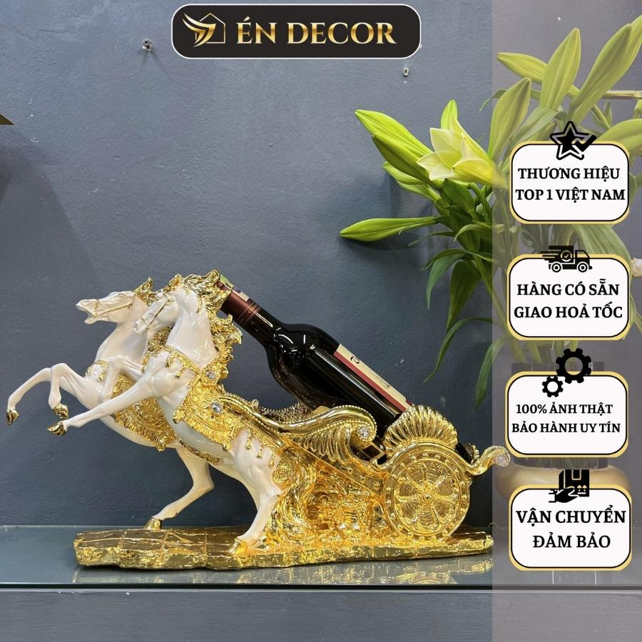 Tượng ngựa phong thuỷ mã đáo kéo xe mạ vàng ÉN DECOR kệ rượu vang để bàn decor trang trí nhà cửa, văn phòng
