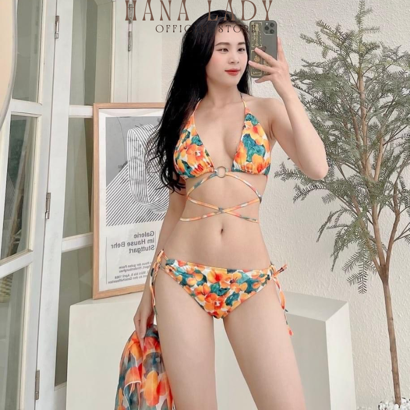 Bikini nữ sexy 2 mảnh kèm choàng họa tiết hoa hạ HanaLadyStore B141