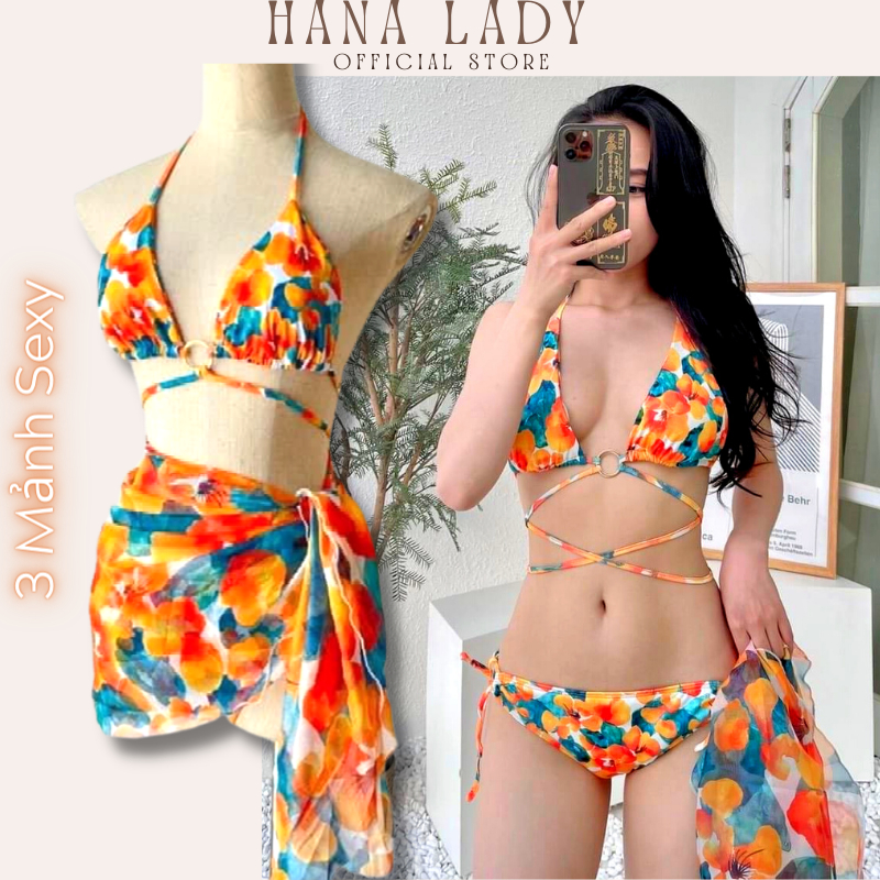 Bikini nữ sexy 2 mảnh kèm choàng họa tiết hoa hạ HanaLadyStore B141