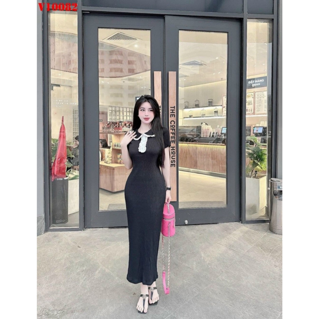 [5.5 Sales Freeship] Váy đầm nữ ôm body, đầm thun gân dáng dài qua gối tay ngắn cổ trắng bèo 2 màu cực tôn dáng mtb