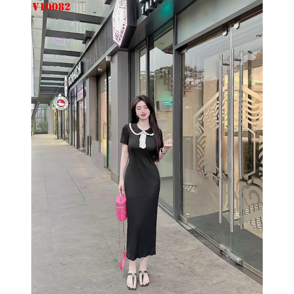 [5.5 Sales Freeship] Váy đầm nữ ôm body, đầm thun gân dáng dài qua gối tay ngắn cổ trắng bèo 2 màu cực tôn dáng mtb