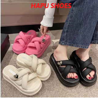 Dép thời trang nữ đế bánh mì quai đan trái tim, dép nữ 3 quai đan chéo cao 7cm FULLBOX