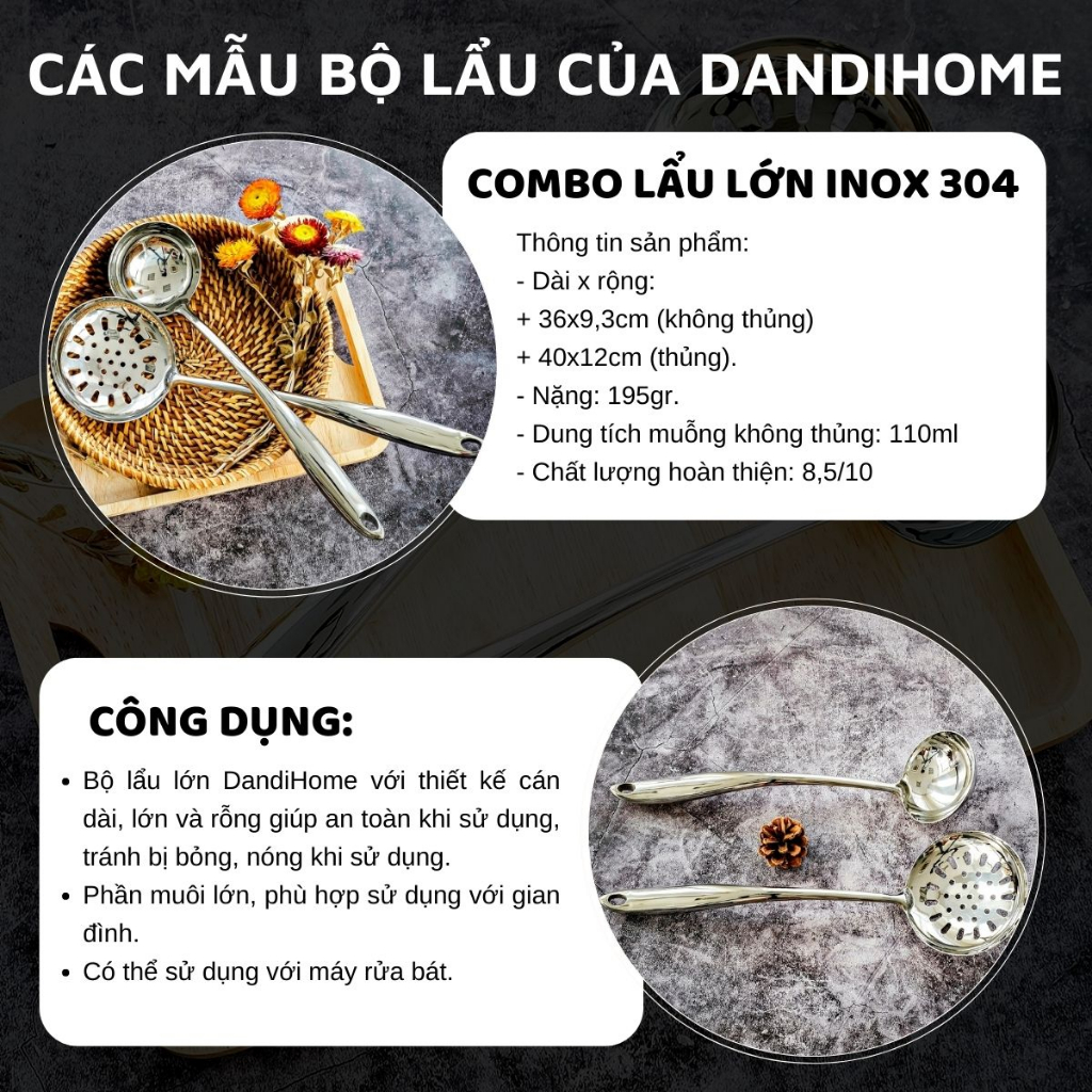 Các loại muỗng ăn lẩu inox 304 & inox 316 DandiHome - Bán lẻ muỗng không theo bộ