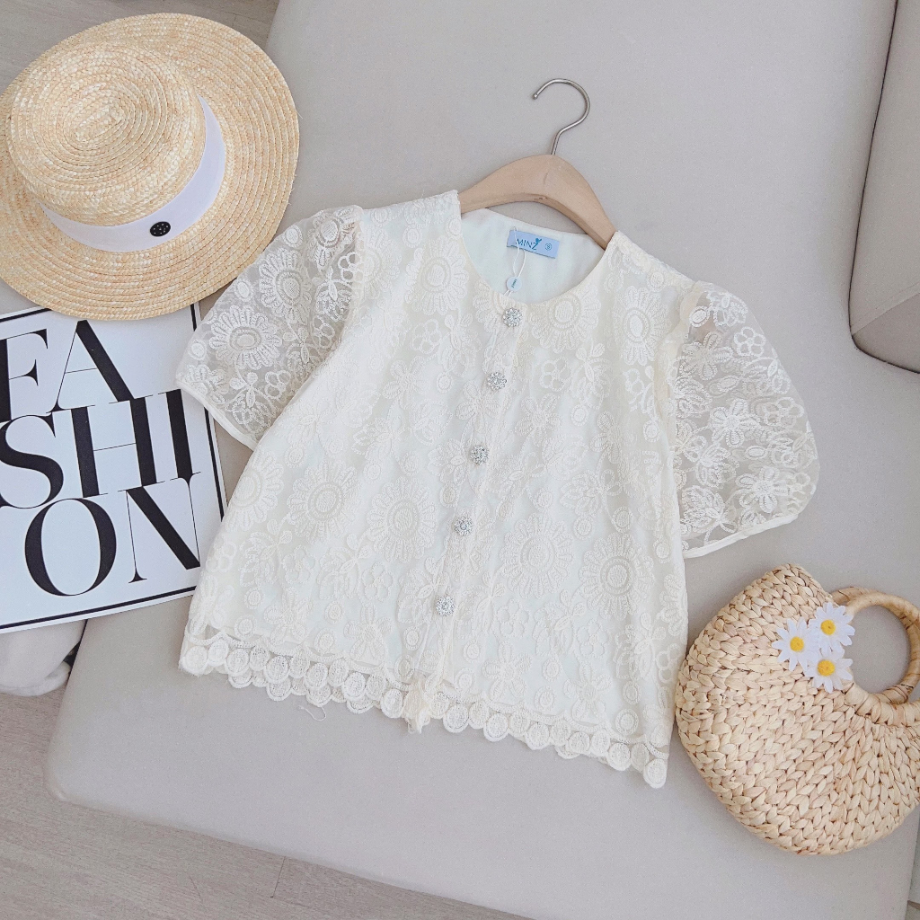 Áo Ren Cổ Tròn Cài Khuy MINZ STORE Mã 3896, Thiết Kế Tay Bồng