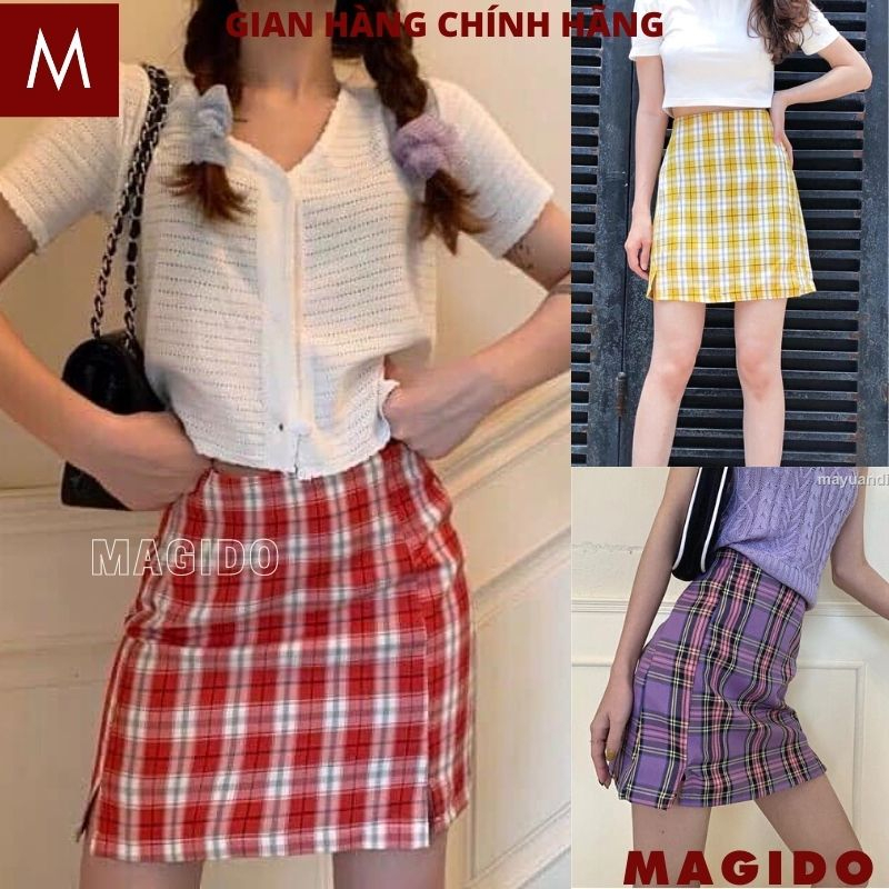 Chân váy ngắn kẻ xẻ đùi chữ A dáng ôm nhiều màu sọc caro thời trang trẻ trung năng động ulzzang MAGIDO CV01