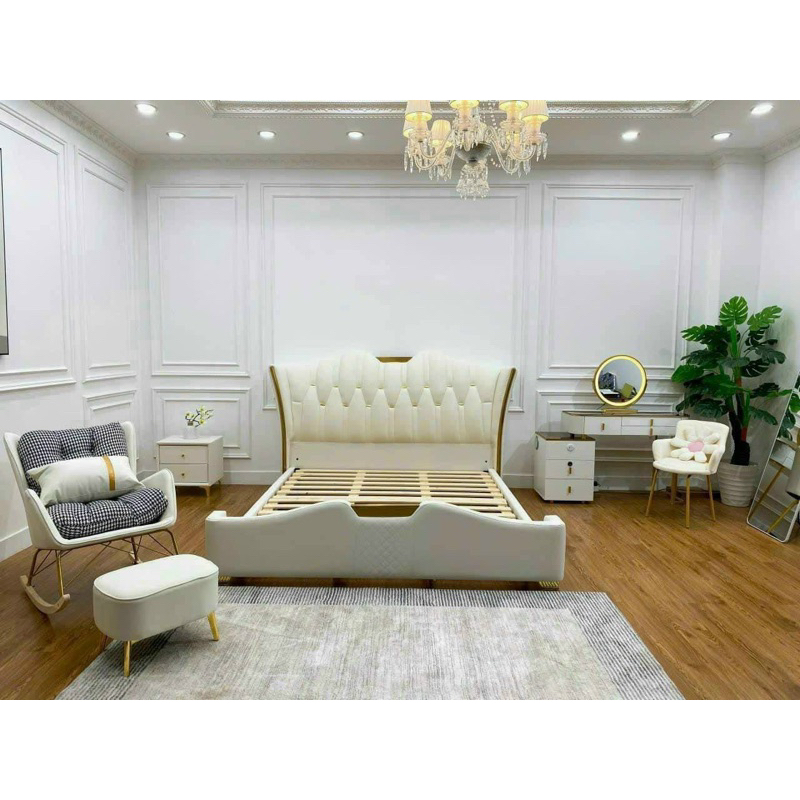 Giường ngủ bọc nệm MINHUY, Giường thiết kế hoàng gia phong cách Châu Âu sang trọng và hiện đại khung gỗ sồi bh 1 năm