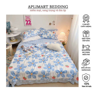 Bộ Chăn Ga Gối Cotton Đũi Viền Bèo - Cotton Đũi Chăn Chần Hoạ Tiết Hoa Lá , Bèo Dài Hàng Nhập Khẩu Full Set 4 Món