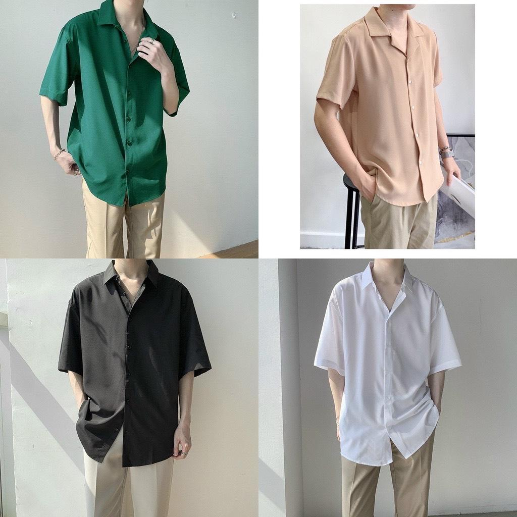 Sơ mi cộc tay vải lụa cao cấp  , có 4 màu basic : Đen , Trắng , Xanh rêu , Nâu nhạt