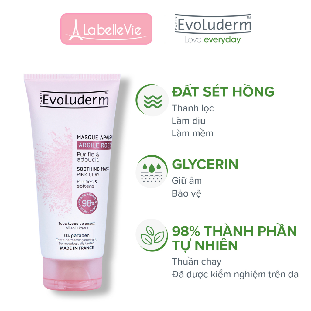 Mặt nạ làm dịu da Evoluderm tinh chất đất sét hồng 100ml - 98% thành phần tự nhiên