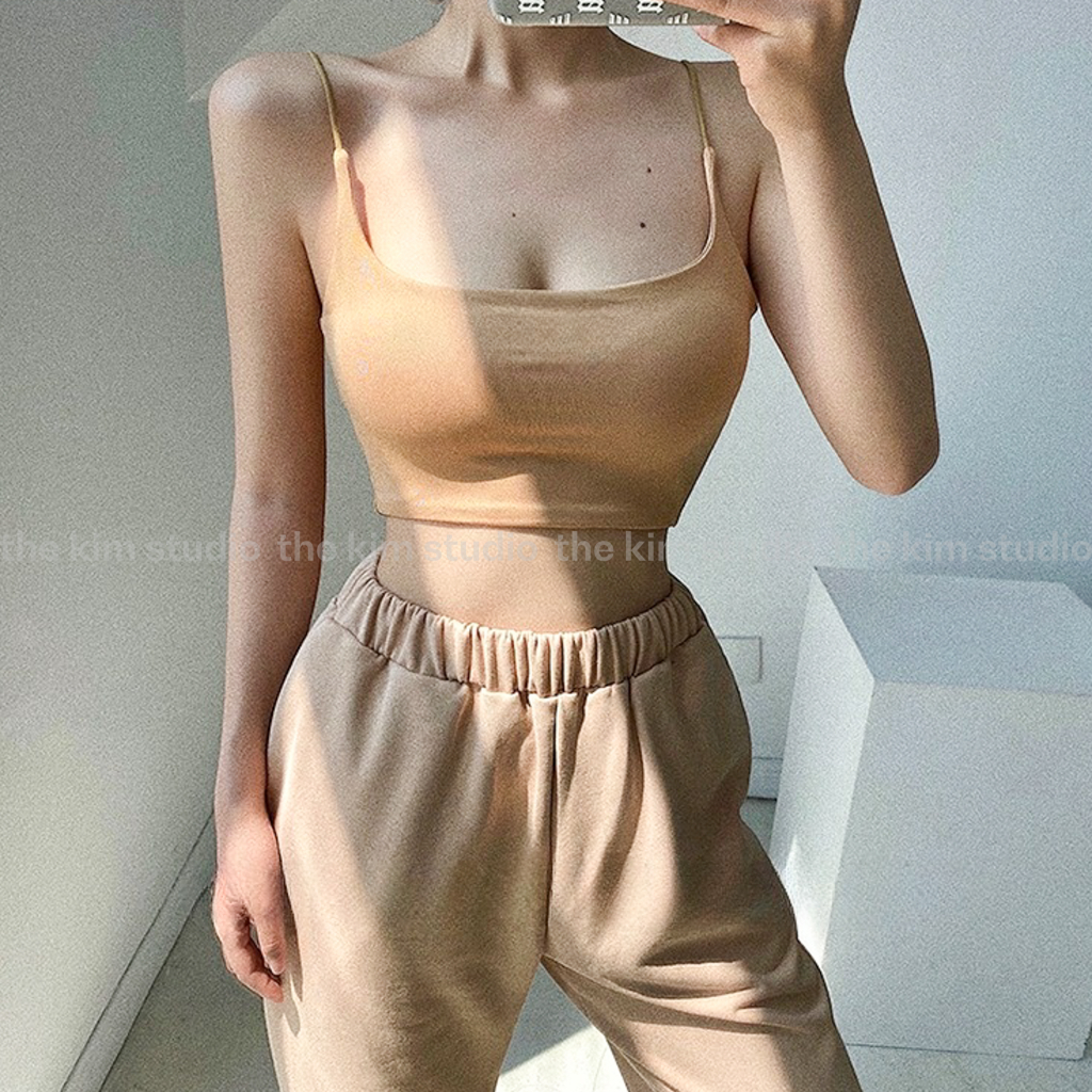 Áo croptop 2 dây sợi bún The Kim cotton hai lớp, áo nữ 2 dây A104