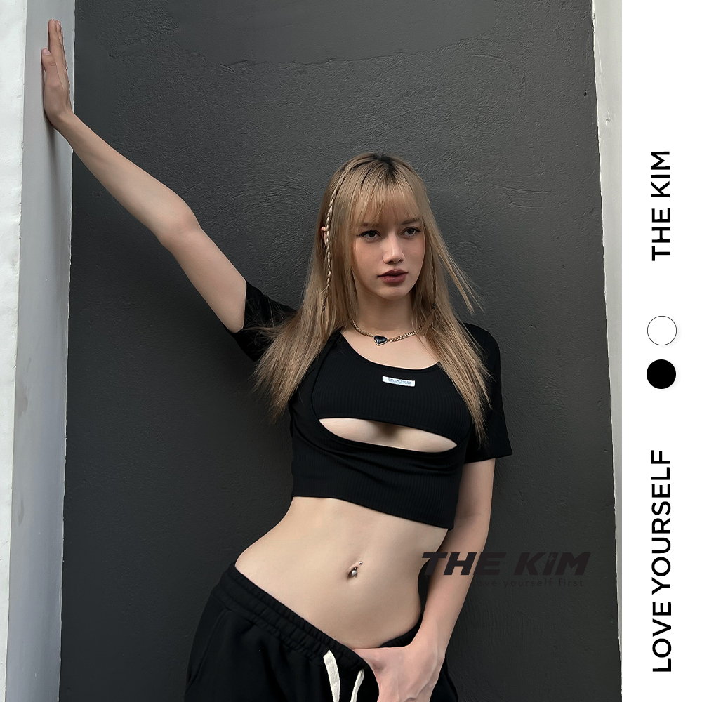 Áo croptop ngắn tay thun tăm khoét chân ngực buộc dây cổ The Kim , thun crop top tay ngắn khoét ngực A154