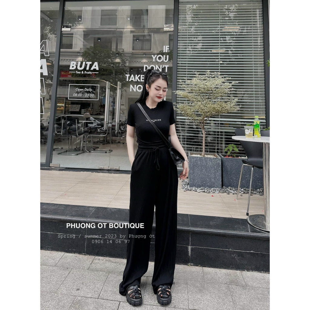 [5.5 Sales Freeship] Set bộ thun gân basic, set áo thun tay ngắn in chữ croptop mix quần dài ống rộng cá tinh mtb