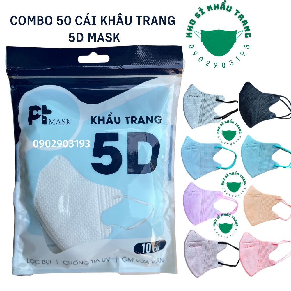 Combo 50 cái khẩu trang 5D PTmask màu hot trend