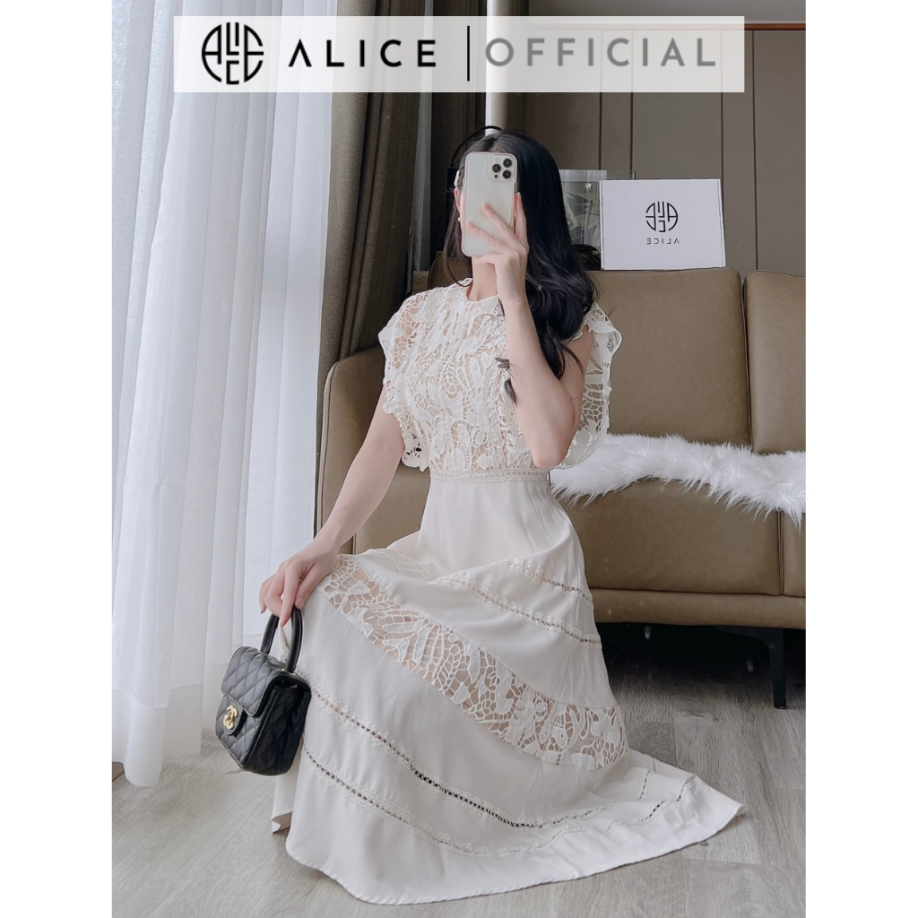 Váy Ren Tiểu Thư Cổ Tròn Phối ALICE Dáng Xòe Tiếu Thư Chất Trượt Nhật Cao Cấp Mềm Mát, Có Lót Trong Dày Dặn V920