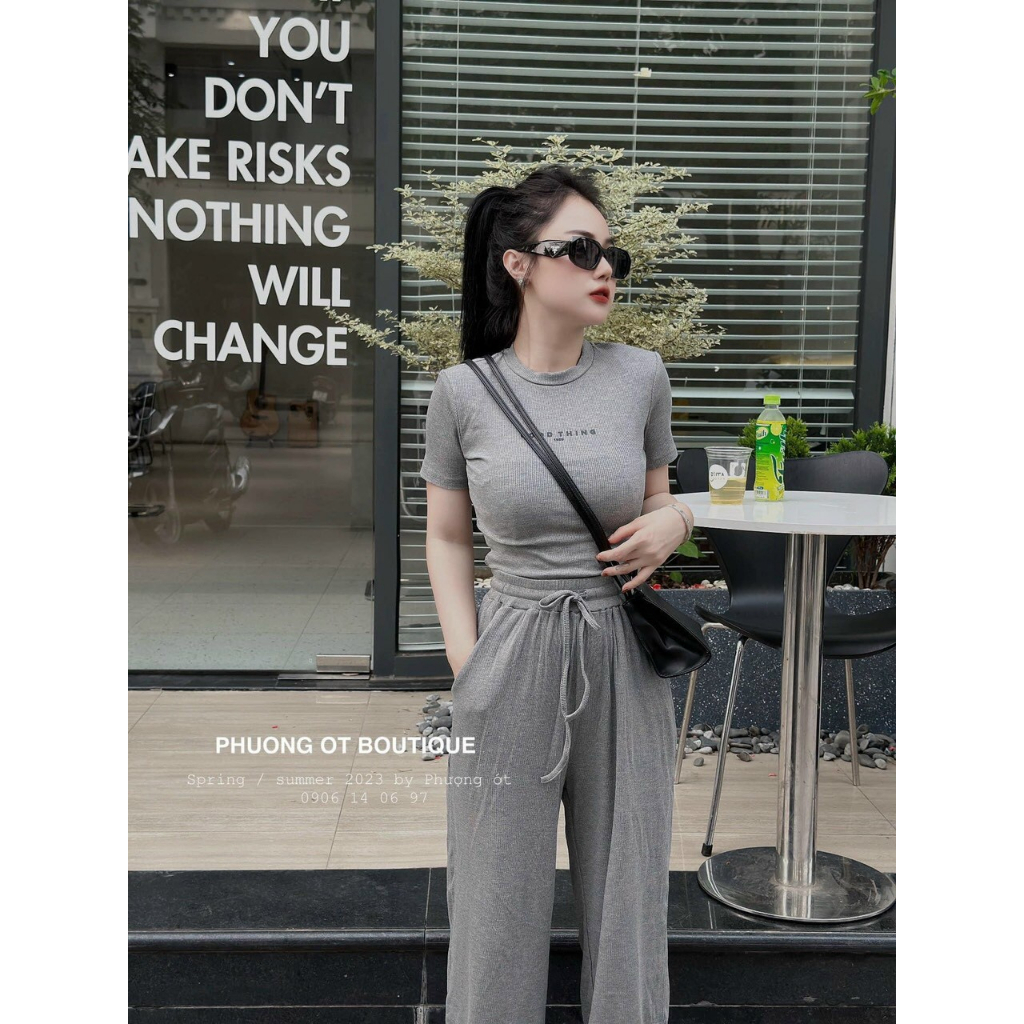 [5.5 Sales Freeship] Set bộ thun gân basic, set áo thun tay ngắn in chữ croptop mix quần dài ống rộng cá tinh mtb