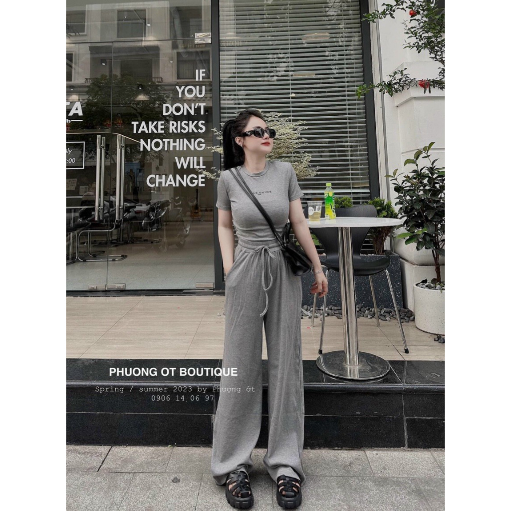 [5.5 Sales Freeship] Set bộ thun gân basic, set áo thun tay ngắn in chữ croptop mix quần dài ống rộng cá tinh mtb