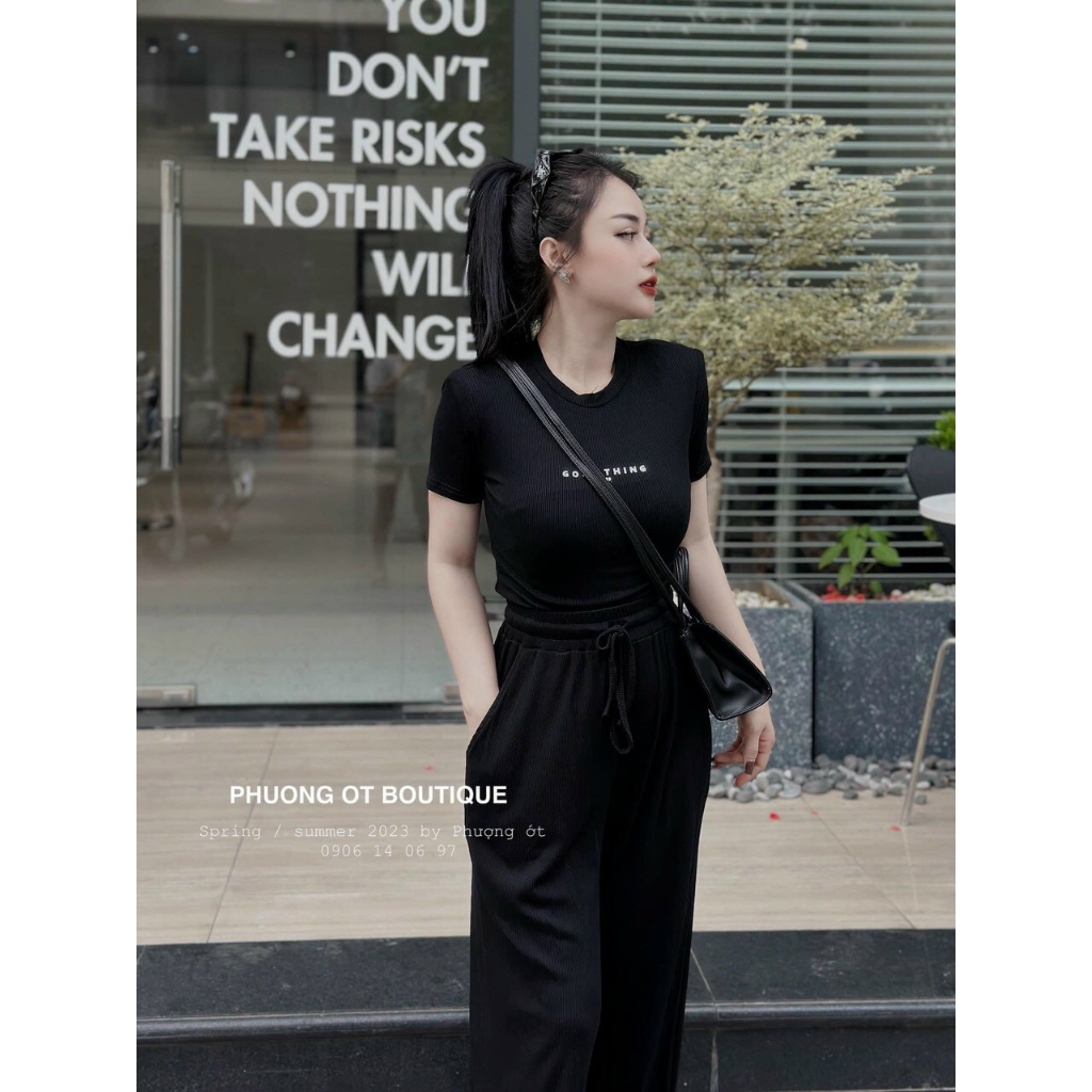 [5.5 Sales Freeship] Set bộ thun gân basic, set áo thun tay ngắn in chữ croptop mix quần dài ống rộng cá tinh mtb