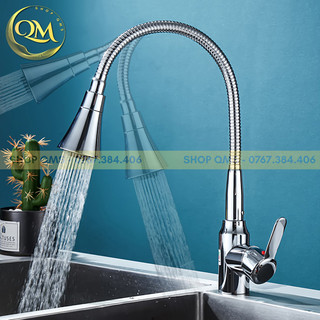 Vòi rửa chén bát nóng lạnh Inox 304 Đầu Loe mạ chrome màu Bạc với cần lò xo dẻo, cổ bi dùng cho chậu rửa bát 2 hố