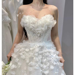 [LUXURY 2022]  Váy cưới trắng nơ sau lưng cổ tròn phối viềng có tay #2
