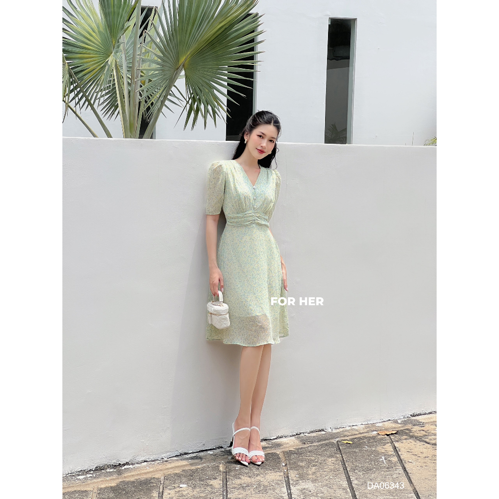 Đầm FOR HER cổ tim nút ngọc hoa nhí DA0634