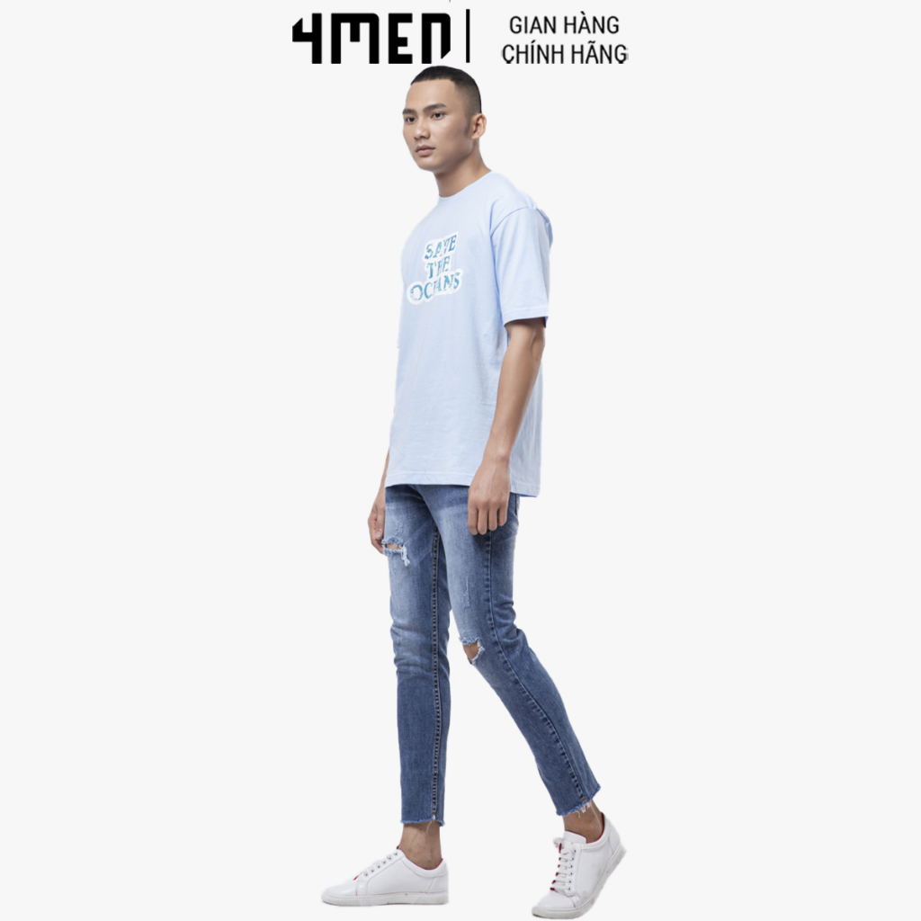 Quần Jeans Nam Rách Lai Tua 4MEN QJ1654 form dài ôm tôn dáng, eo bản thấp màu xanh trẻ trung, vải mềm, co giãn thoải mái