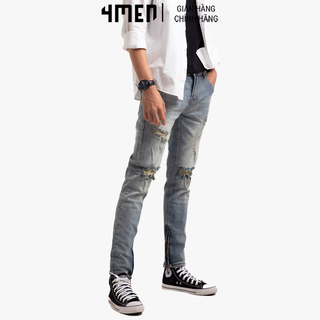 Quần Jeans Nam Rách Ống Dây Kéo 4MEN QJ1668 cá tính, trẻ trung, eo bản thấp, vải denim dày dặn, mềm mại, co giãn
