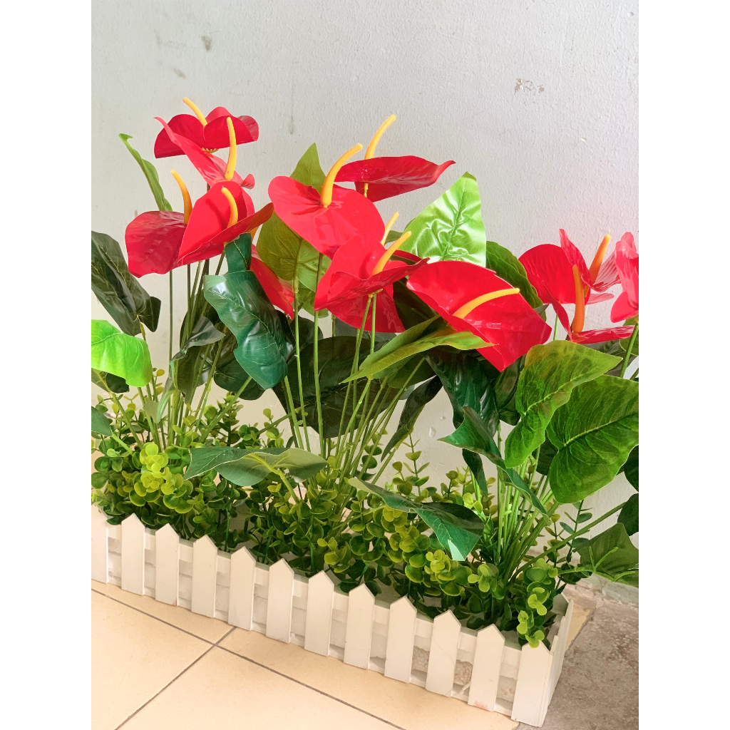 Cây hoa giả, giỏ hoa hàng rào gỗ 50cm cắm sẵn nhiều mẫu trang trí nhà cửa, nhà hàng, văn phòng công ty xanh tươi HR-01