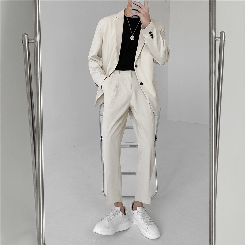 Áo khoác blazer nam-nữ form rộng hàn quốc màu đen, kem,ghi 2 khuy thời thượng | BigBuy360 - bigbuy360.vn