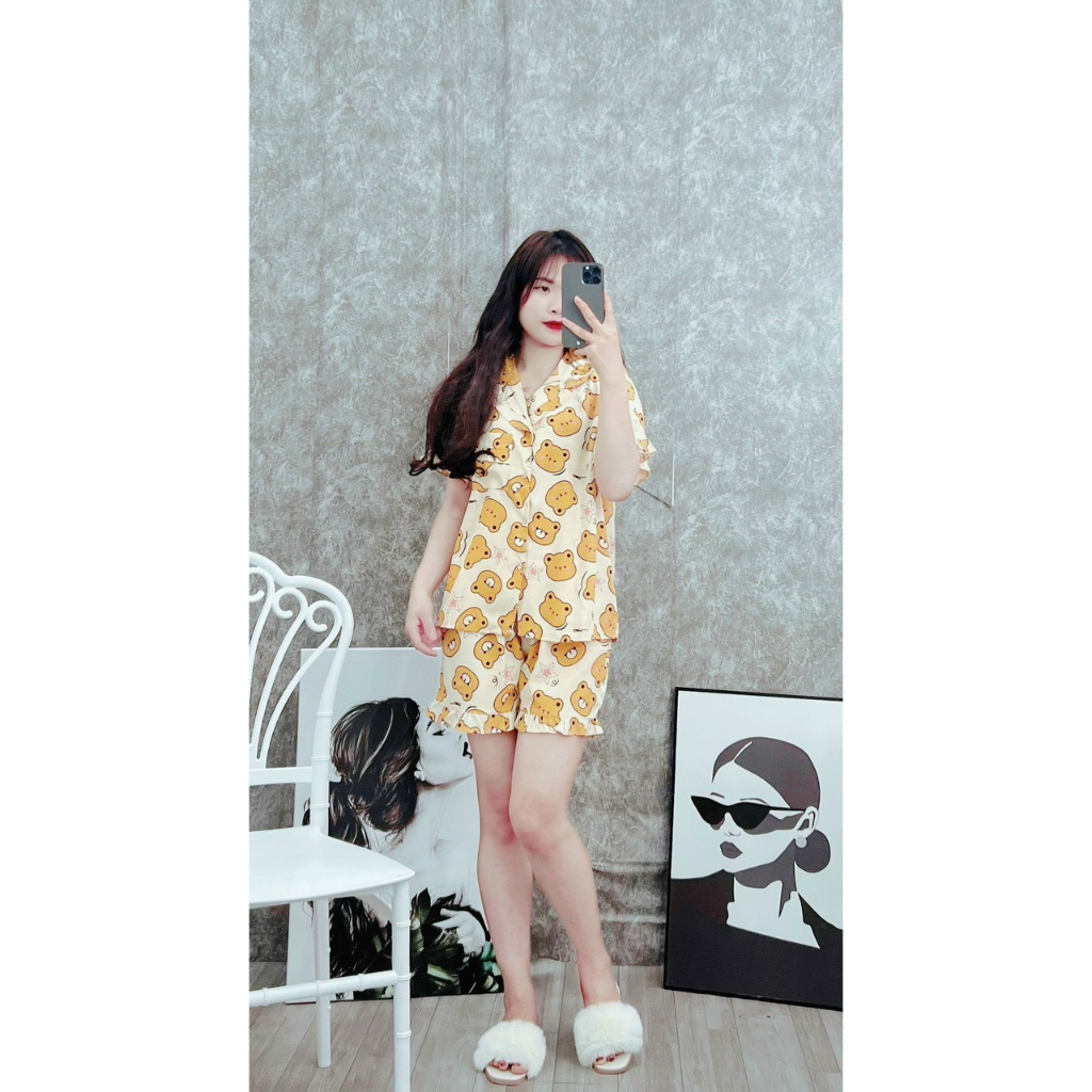 💥SALE HOT💥Đồ Mặc Nhà, Bộ Ngủ Nữ, Pijama Cộc Đùi Chất Liệu Xốp Đũi Hàn Freesize Gấu Teddy Cam
