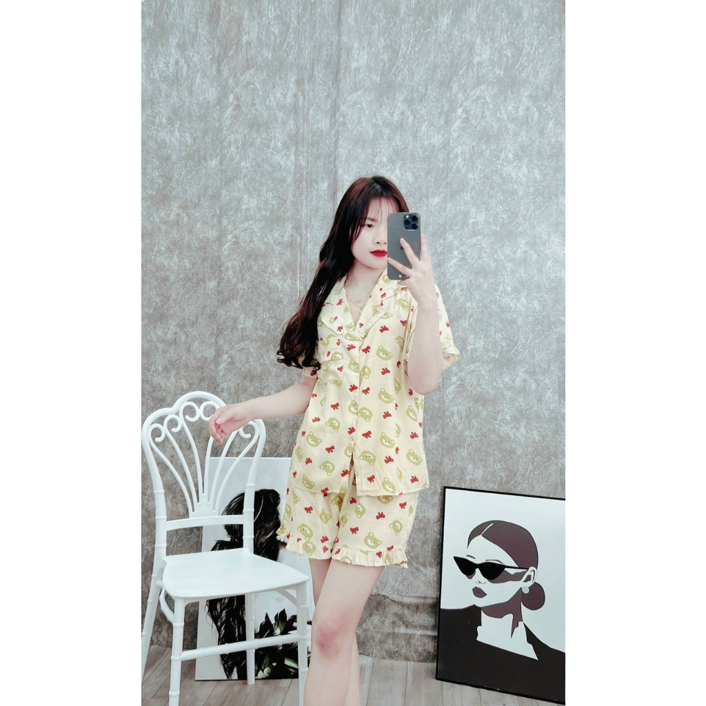 💥SALE HOT💥Đồ Mặc Nhà, Bộ Ngủ Nữ, Pijama Cộc Đùi Chất Liệu Xốp Đũi Hàn Freesize Gấu Teddy Nơ