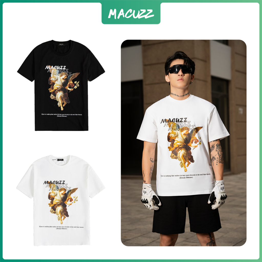 Áo phông unisex tay lỡ cao cấp Angel gabriel Macuzz cotton cổ tròn 2 màu đen trắng, áo thun form oversize MTS009-012301