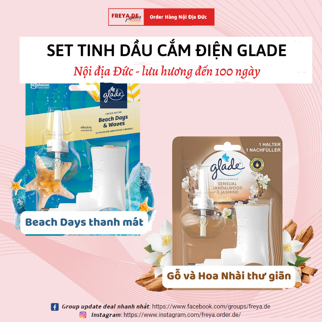 Bộ Tinh dầu khuếch tán cắm điện Glade 230V - Bí quyết thơm nhà của người Đức, lan tỏa hương thơm hiệu quả.