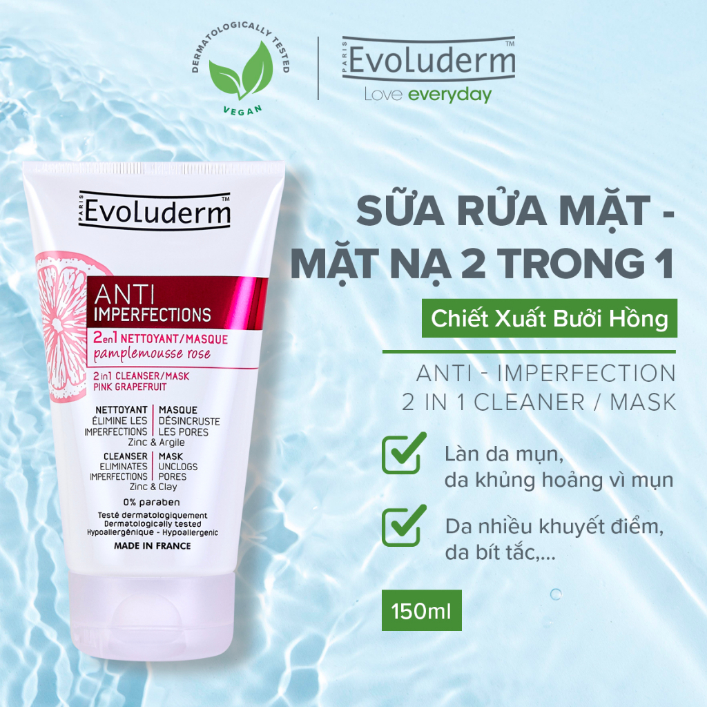 Sữa rửa mặt / Mặt nạ 2in1 chiết xuất Pink GrapeFruit giúp ngăn ngừa mụn dành cho da dầu mụn Evoluderm 150ml