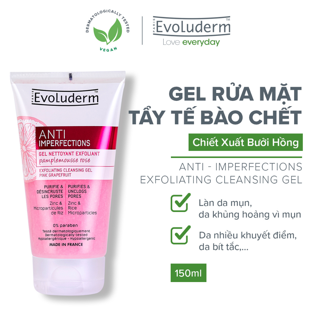 Gel tẩy tế bào chết và rửa mặt Evoluderm giúp che khuyết điểm, ngừa mụn đầu đen dành cho da dầu mụn 150ml