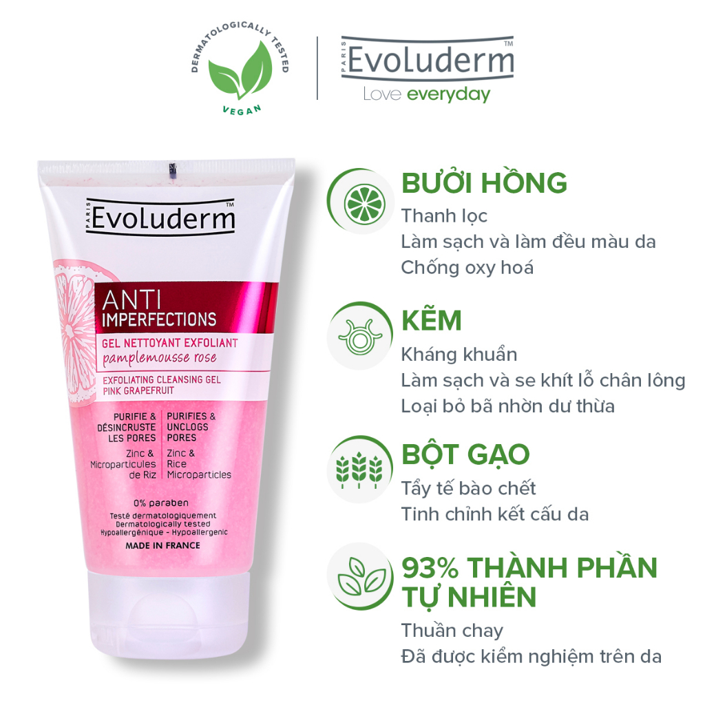 Gel tẩy tế bào chết và rửa mặt Evoluderm giúp che khuyết điểm, ngừa mụn đầu đen dành cho da dầu mụn 150ml