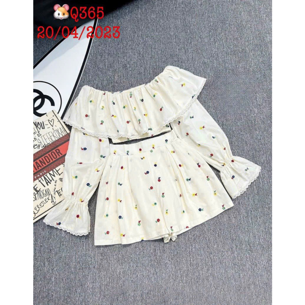 [5,5 Sales Freeship] Set áo trắng in hoa trễ vai tay dài mix quần sooc đùi, set bộ đùi in hoa croptop đi biển th