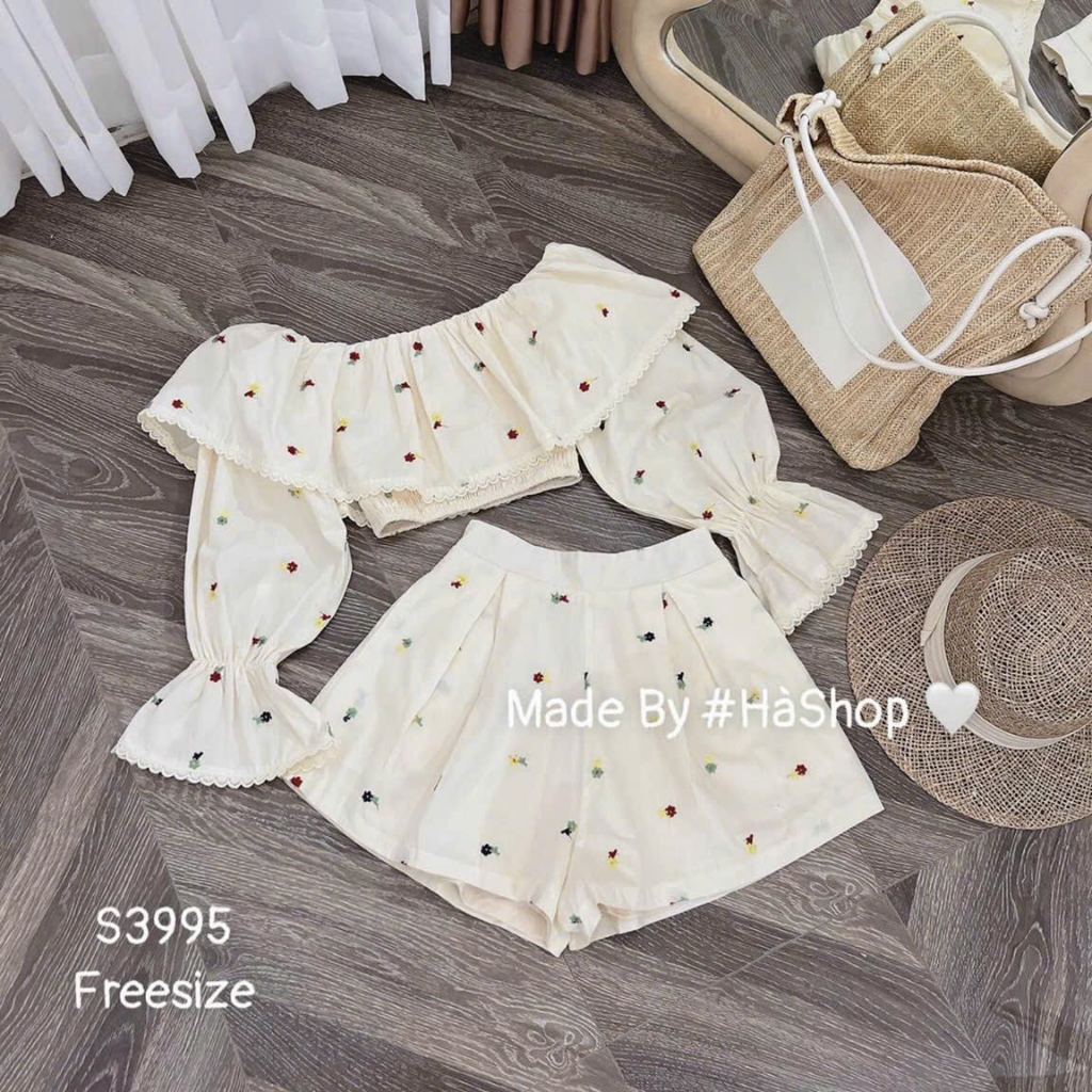 [5,5 Sales Freeship] Set áo trắng in hoa trễ vai tay dài mix quần sooc đùi, set bộ đùi in hoa croptop đi biển th