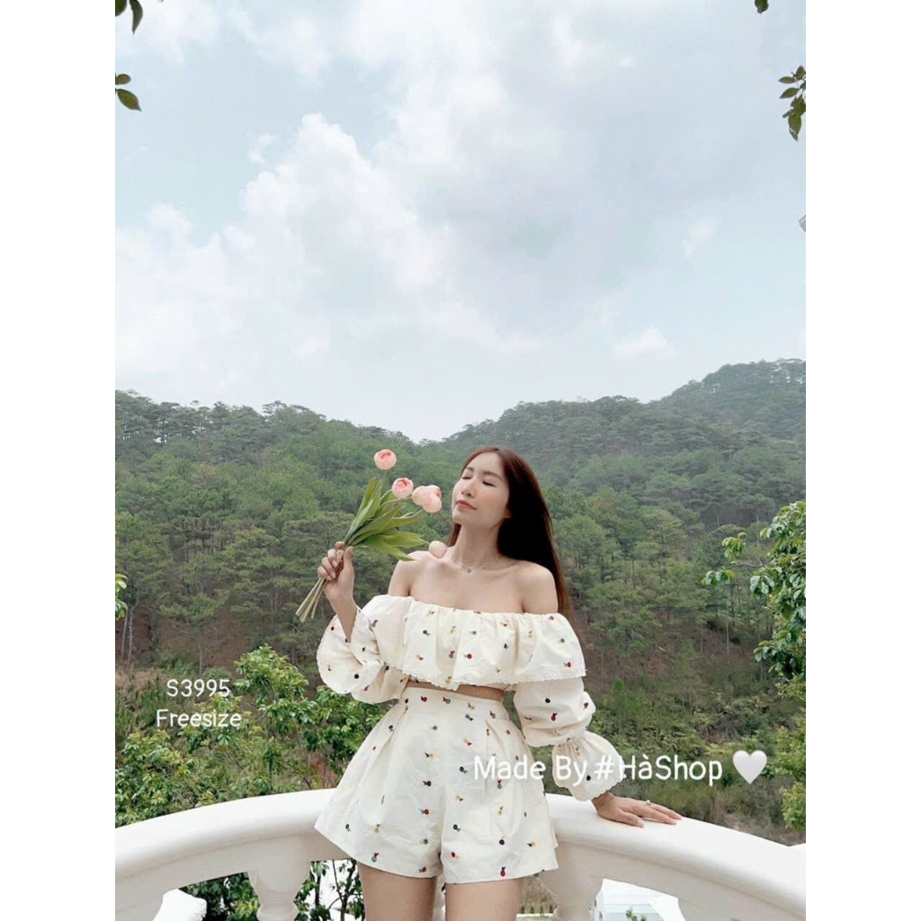 [5,5 Sales Freeship] Set áo trắng in hoa trễ vai tay dài mix quần sooc đùi, set bộ đùi in hoa croptop đi biển th